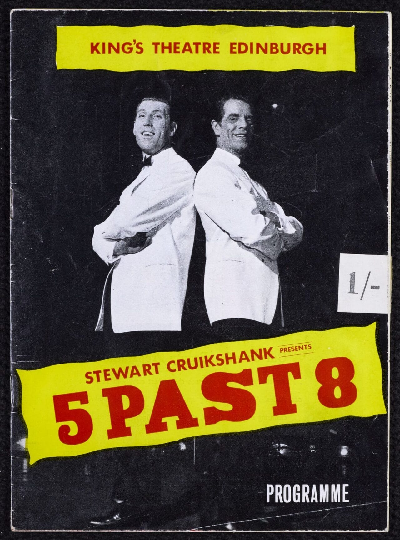 Two men in white jackets stand back-to-back on the cover of a theatre programme for "5 Past 8" at King’s Theatre Edinburgh. The text includes "Stewart Cruikshank presents 5 Past 8".