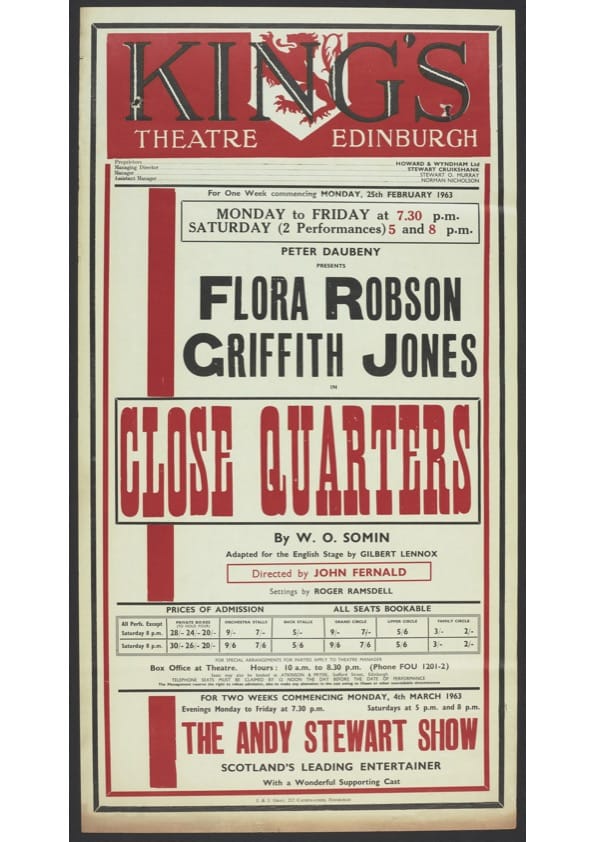 A vintage theater poster from The People's Archive advertises "Close Quarters" starring Flora Robson and Griffith Jones at Kings Theatre Edinburgh, featuring showtimes, ticket prices, and a guide to additional event details.