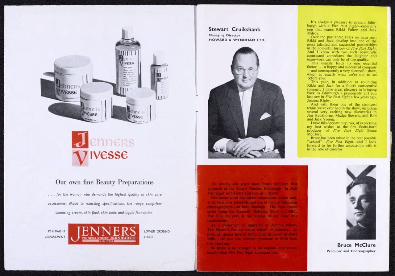 A two page spread of the programme. An advert featuring Jenner’s Vitesse beauty products on the left. A photo of Stewart Cruikshank, top left and a photo of Bruce McClure bottom right. A statement written by Stewart Cruikshank about the upcoming season.
