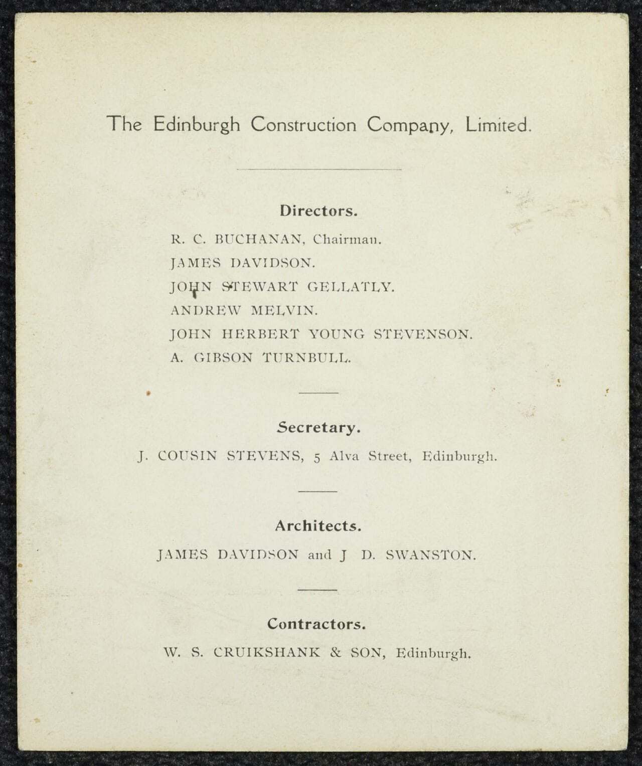 The rear of the stone laying invite. A printed page listing the directors, secretary, architects, and contractors of The Edinburgh Construction Company, Limited.