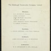 The rear of the stone laying invite. A printed page listing the directors, secretary, architects, and contractors of The Edinburgh Construction Company, Limited.