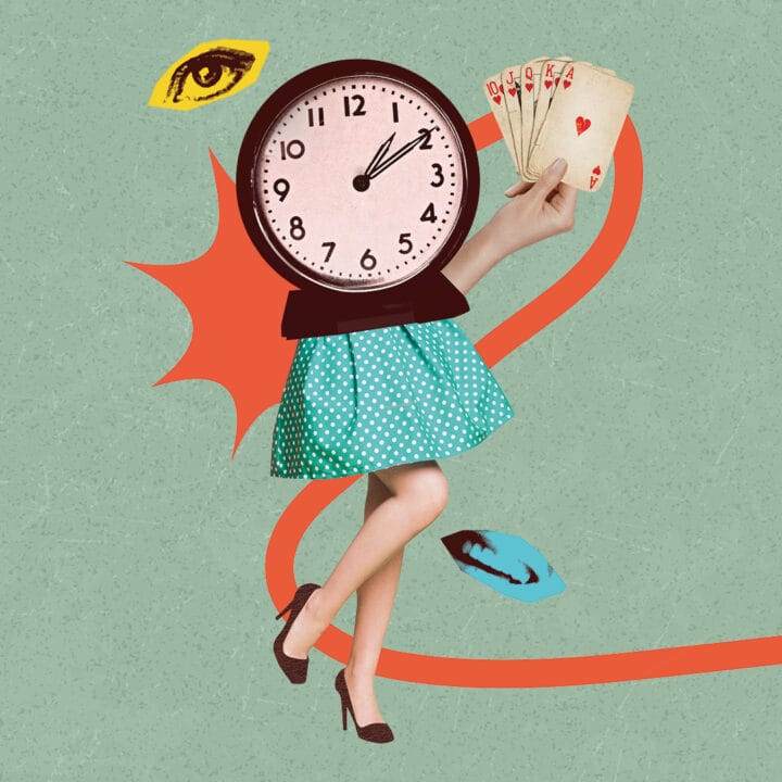 A person with a clock for a head holds playing cards, wearing a polka dot skirt and heels, with abstract shapes and eyes in the background.