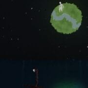 A figure stands on a small green planet with a winding path, above a dark blue water surface reflecting light, against a starry night sky.