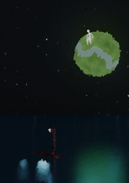 A figure stands on a small green planet with a winding path, above a dark blue water surface reflecting light, against a starry night sky.