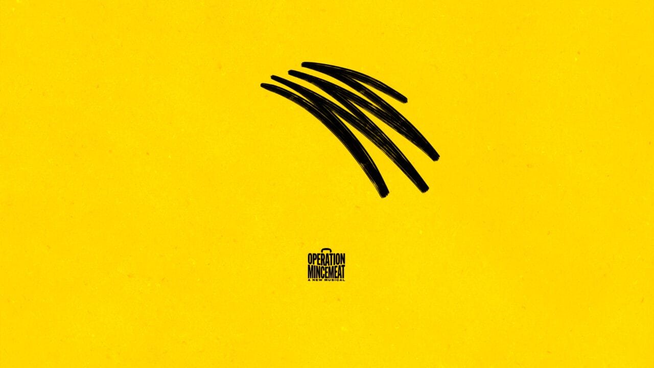 A yellow background with five black curved brush strokes above a small "Operation Mincemeat" logo at the center bottom.