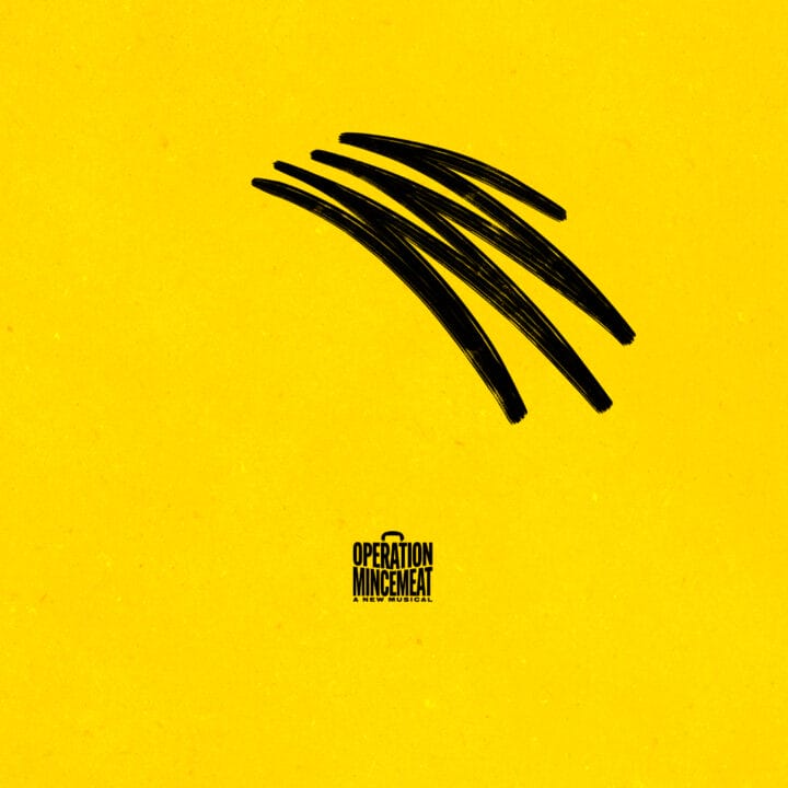 A yellow background with five black curved brush strokes above a small "Operation Mincemeat" logo at the center bottom.