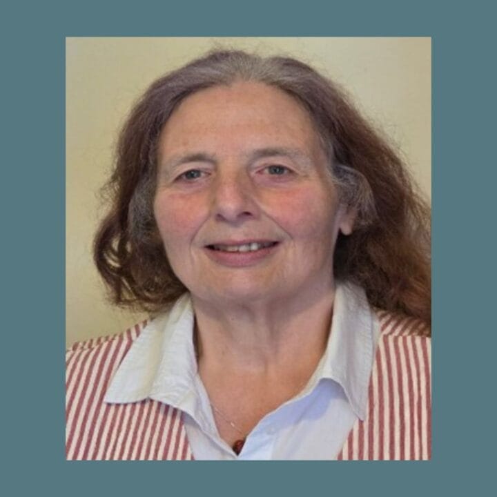 A woman with long brown hair, wearing a white collared shirt and a striped vest, is smiling at the camera against a neutral background—introducing Cllr Margaret Graham from the Capital Theatres Board.