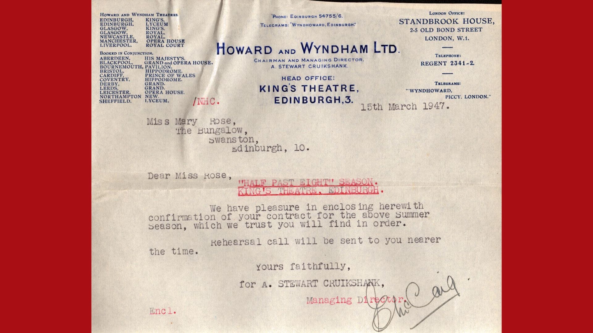 A scanned contract dated 15 March 1947 from Howard and Wyndham Ltd. confirms a contract for Mary Rose in the King’s Theatre, Edinburgh, 1947 summer season, with rehearsal details to follow—signed by Cruikshank.