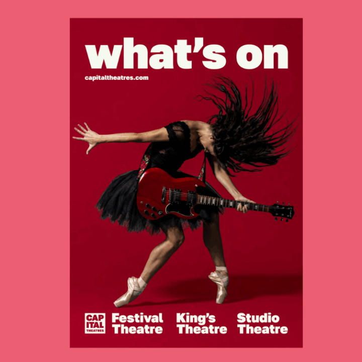 A person with long hair in a black dress plays an electric guitar energetically on a red background with "what's on" and theatre names printed above and below.