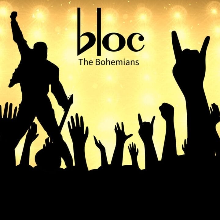 Silhouettes of raised hands and a performer on stage with "bloc The Bohemians" text against a bright, star-like light background, evoking the electrifying energy of We Will Rock You.