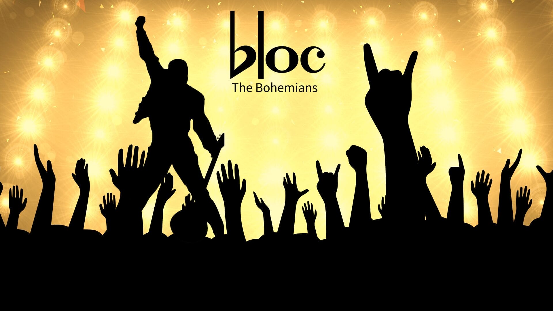 Silhouettes of raised hands and a performer on stage with "bloc The Bohemians" text against a bright, star-like light background, evoking the electrifying energy of We Will Rock You.