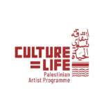 Logo with the text "CULTURE = LIFE Palestinian Artist Programme" in English and Arabic, displayed in bold red font.
