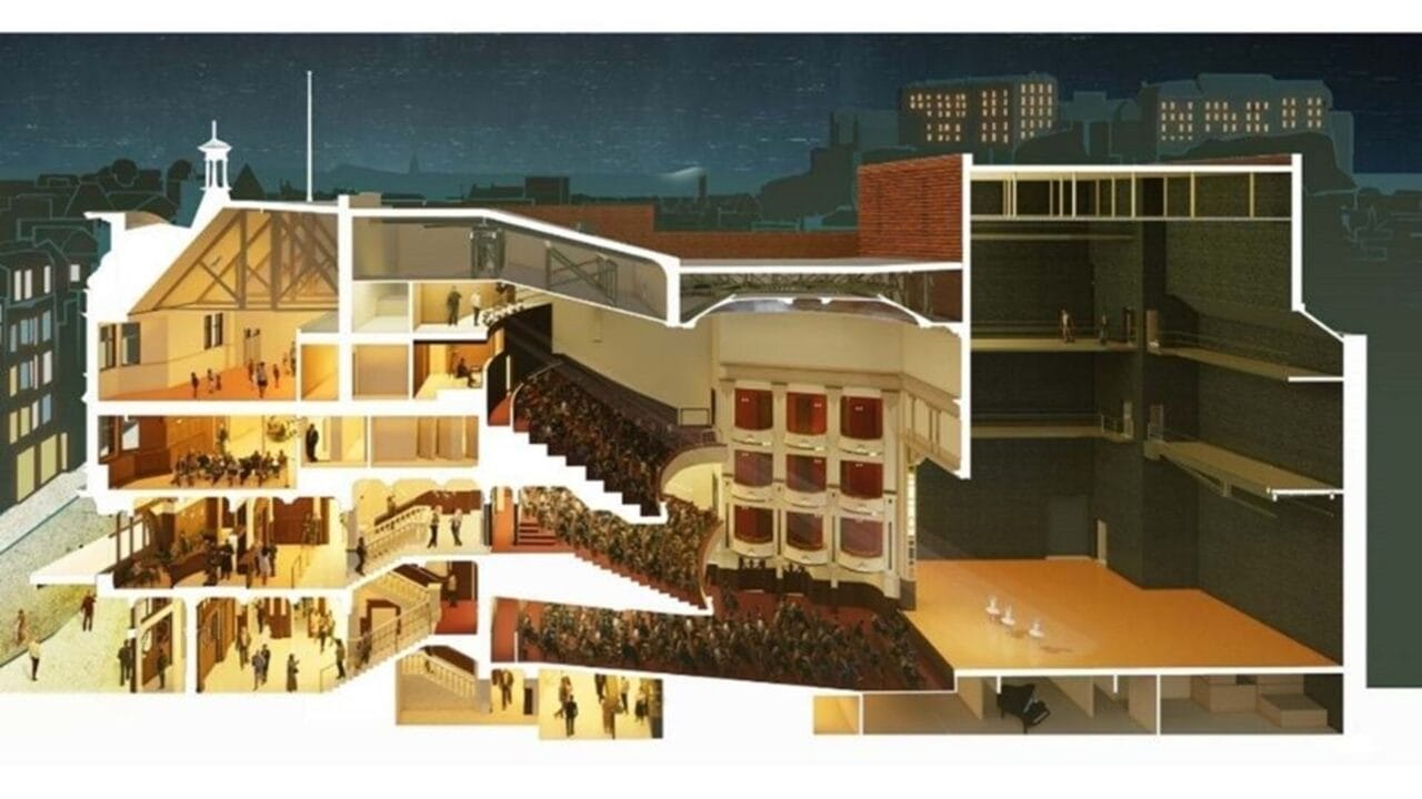 Cross-section illustration of a theater building showing multiple floors, audience areas, stage, backstage, and architectural details.
