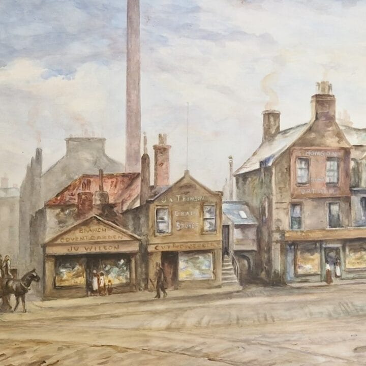 A street scene with old shops, a horse-drawn cart, pedestrians, and a tall factory chimney in the background under a cloudy sky.