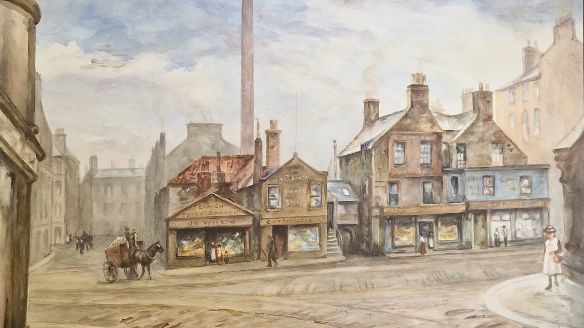 A street scene with old shops, a horse-drawn cart, pedestrians, and a tall factory chimney in the background under a cloudy sky.