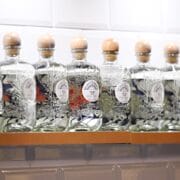 A row of identical glass gin bottles with wooden stoppers displayed on a shelf against a tiled white wall.