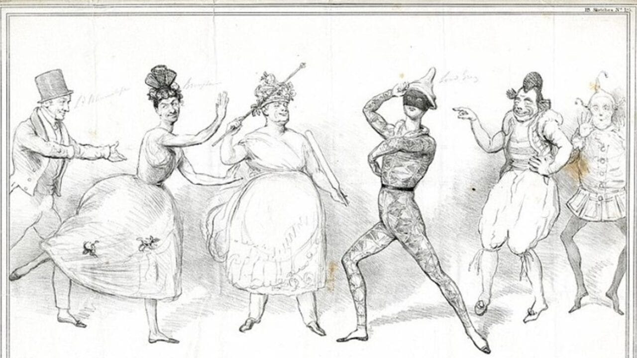 A black-and-white sketch of six people in elaborate 19th-century costumes dancing and gesturing in a playful manner.