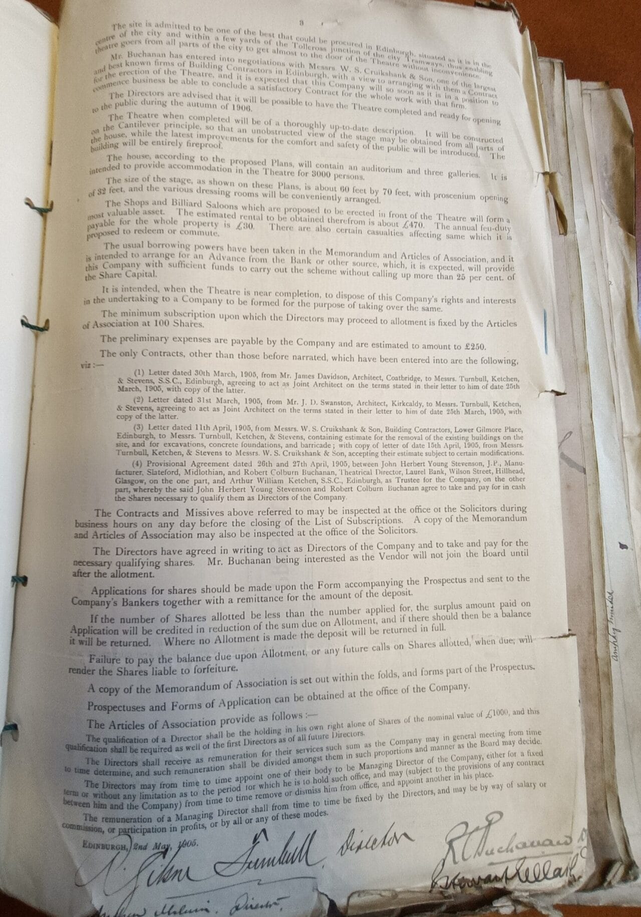 A photograph of a page from The Edinburgh Construction Company building and legal agreements from 1905