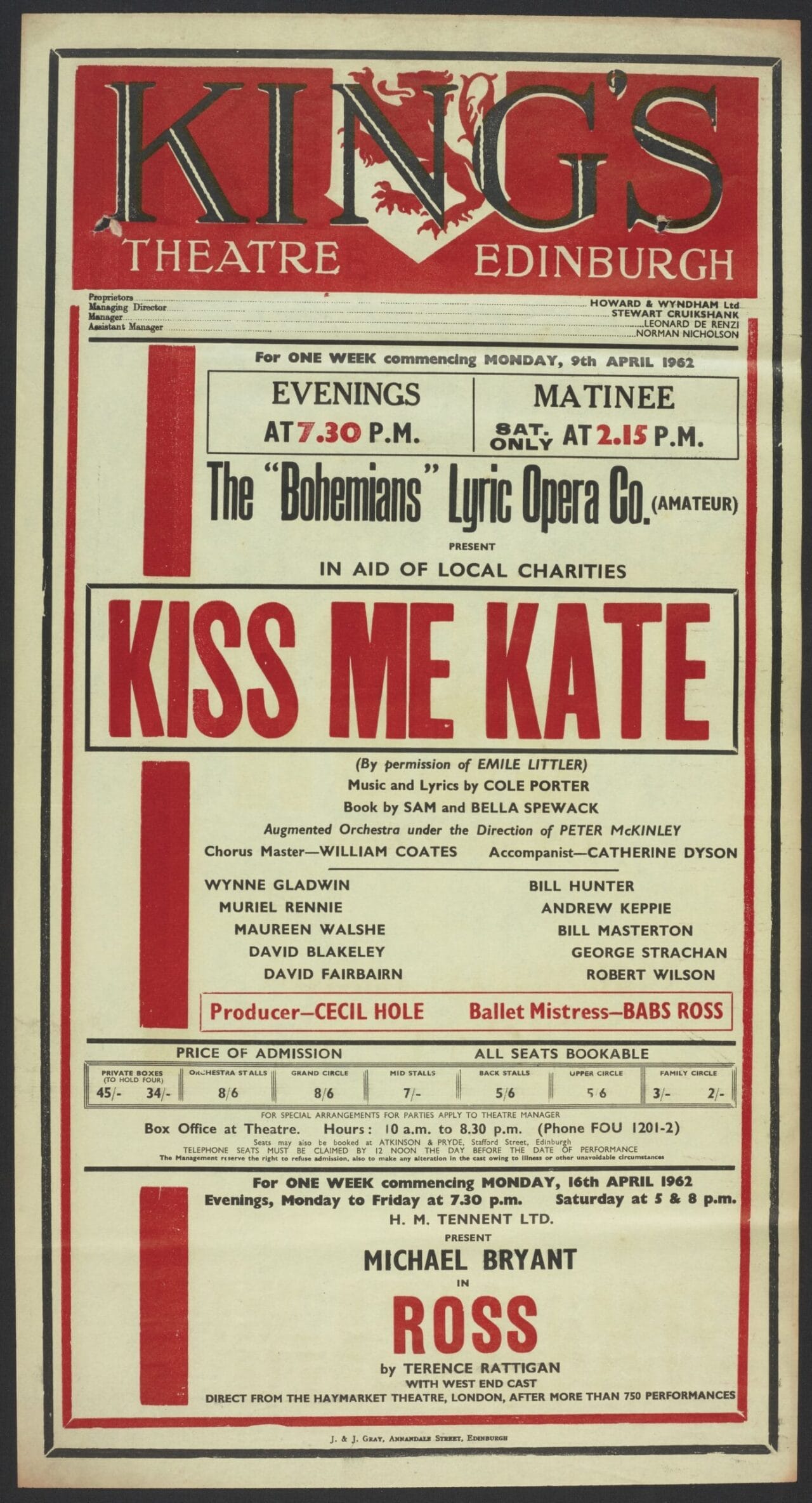 A red poster printed on cream paper with black details advertising the musical "Kiss Me Kate" at King's Theatre, Edinburgh, by The Bohemians Lyric Opera Co., running from April 8th, 1963.