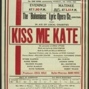 A red poster printed on cream paper with black details advertising the musical "Kiss Me Kate" at King's Theatre, Edinburgh, by The Bohemians Lyric Opera Co., running from April 8th, 1963.