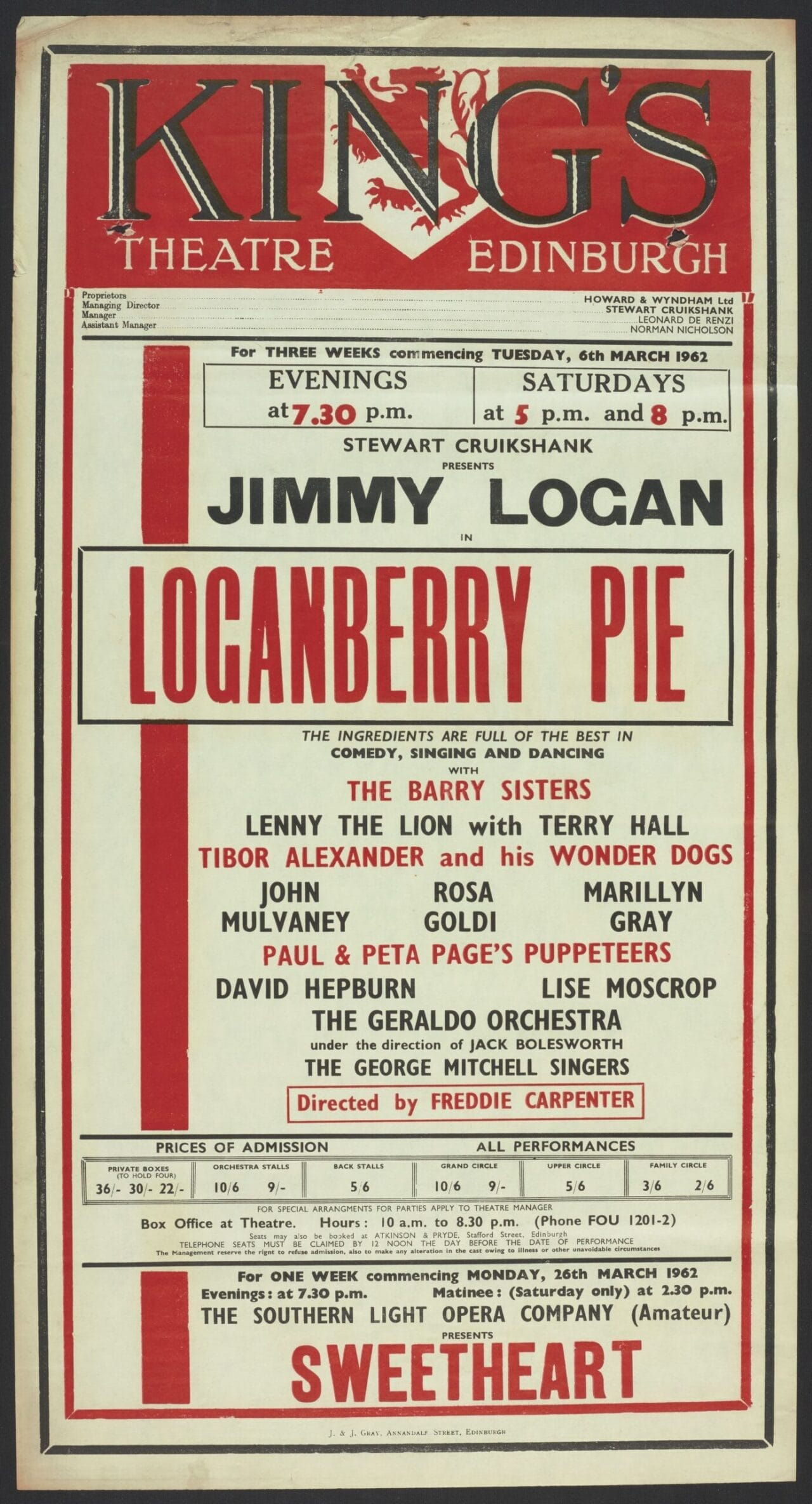 Poster printed in red on cream paper, with some black text, advertising "Loganberry Pie" starring Jimmy Logan at King's Theatre, Edinburgh, with show dates, cast list, ticket prices, and more performance details.