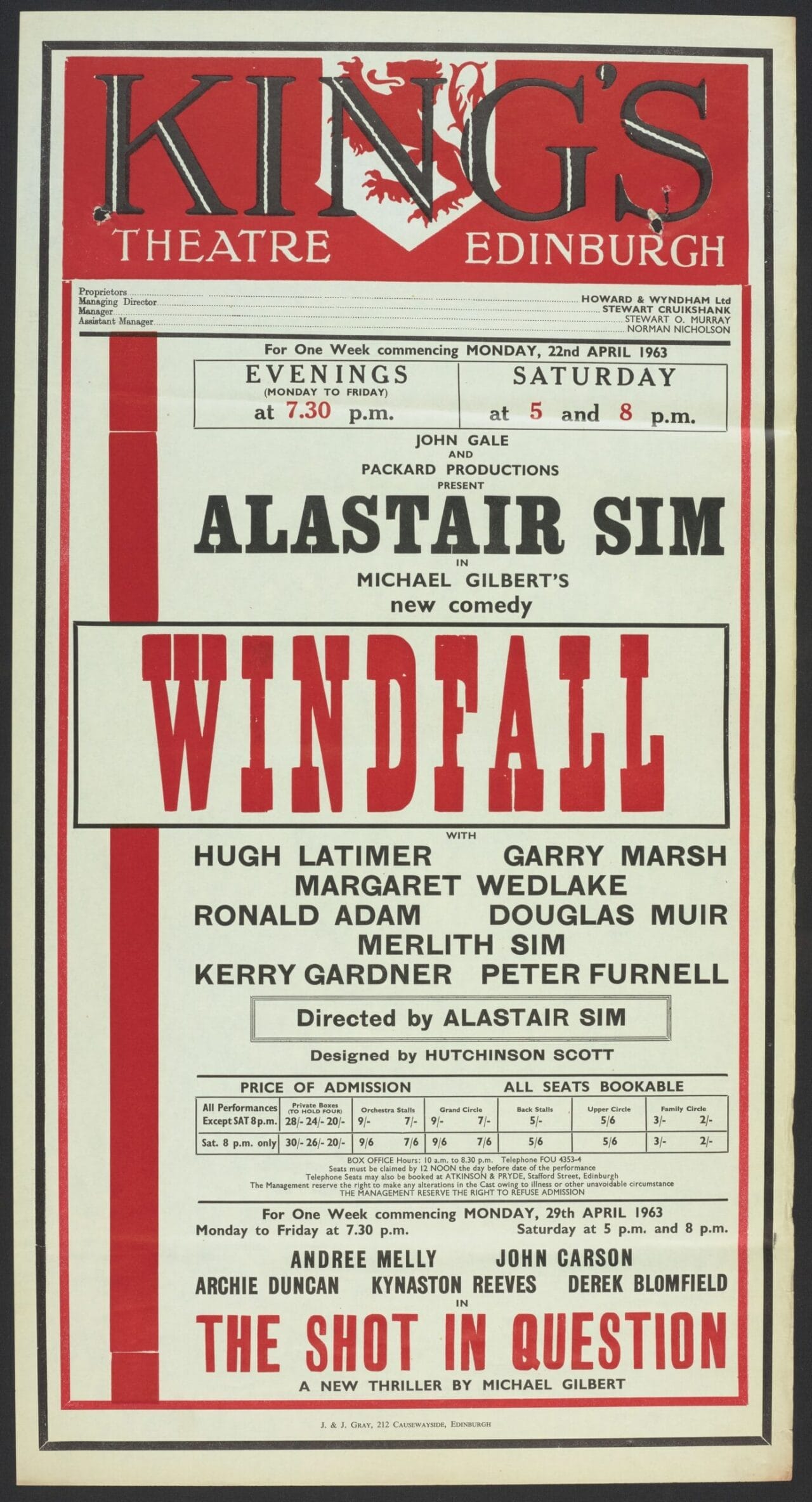 Red poster printed on cream paper with some black details for "Windfall" at Kings Theatre Edinburgh, starring Alastair Sim, with showtimes, cast, and ticket details; features a promo for "The Shot in Question."