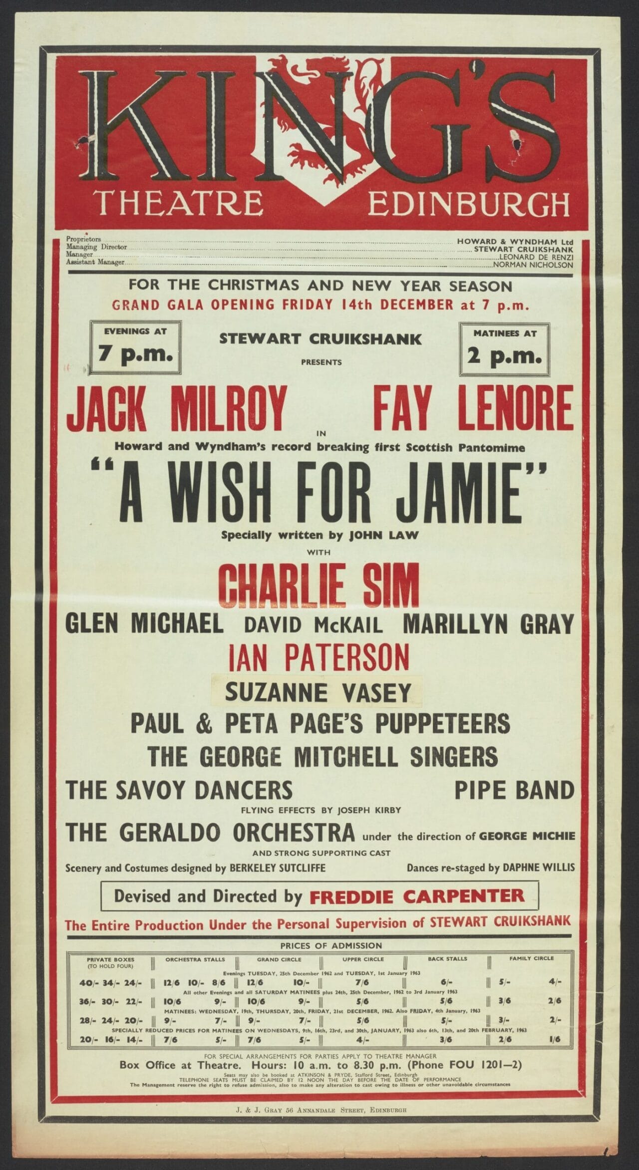 Red poster printed on cream paper with some black details, advertising "A Wish for Jamie" pantomime at King's Theatre, Edinburgh, listing cast, dates, and production details.
