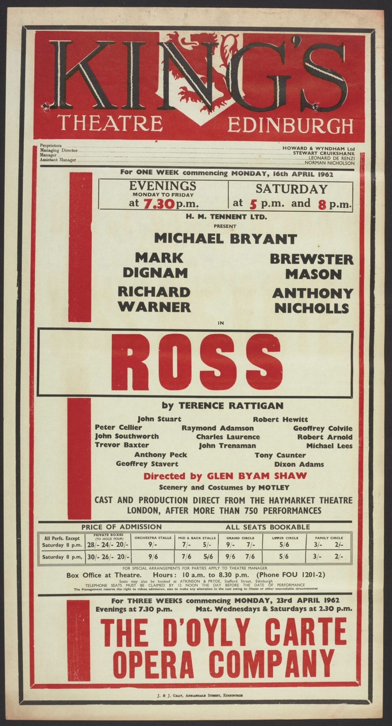 Red poster printed on cream paper with black details for "Ross" by Terence Rattigan at King's Theatre Edinburgh, listing cast, showtimes, and ticket prices for April 1962.