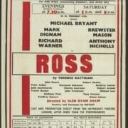 Red poster printed on cream paper with black details for "Ross" by Terence Rattigan at King's Theatre Edinburgh, listing cast, showtimes, and ticket prices for April 1962.