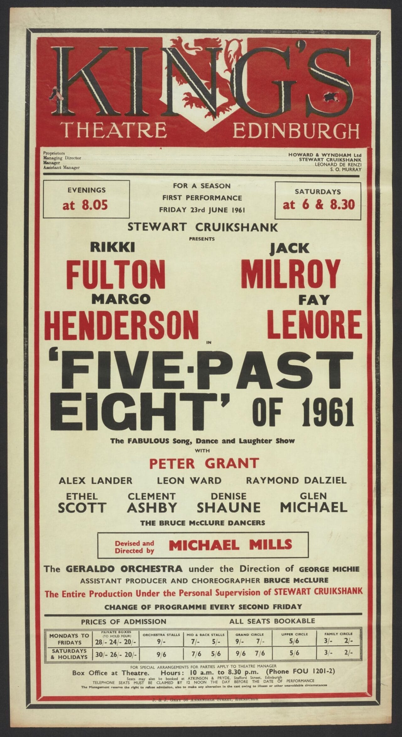 Red poster printed on cream paper with black highlights for "Five Past Eight" variety show at King's Theatre Edinburgh, listing cast members, dates, times, and production credits.
