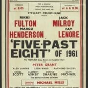 Red poster printed on cream paper with black highlights for "Five Past Eight" variety show at King's Theatre Edinburgh, listing cast members, dates, times, and production credits.