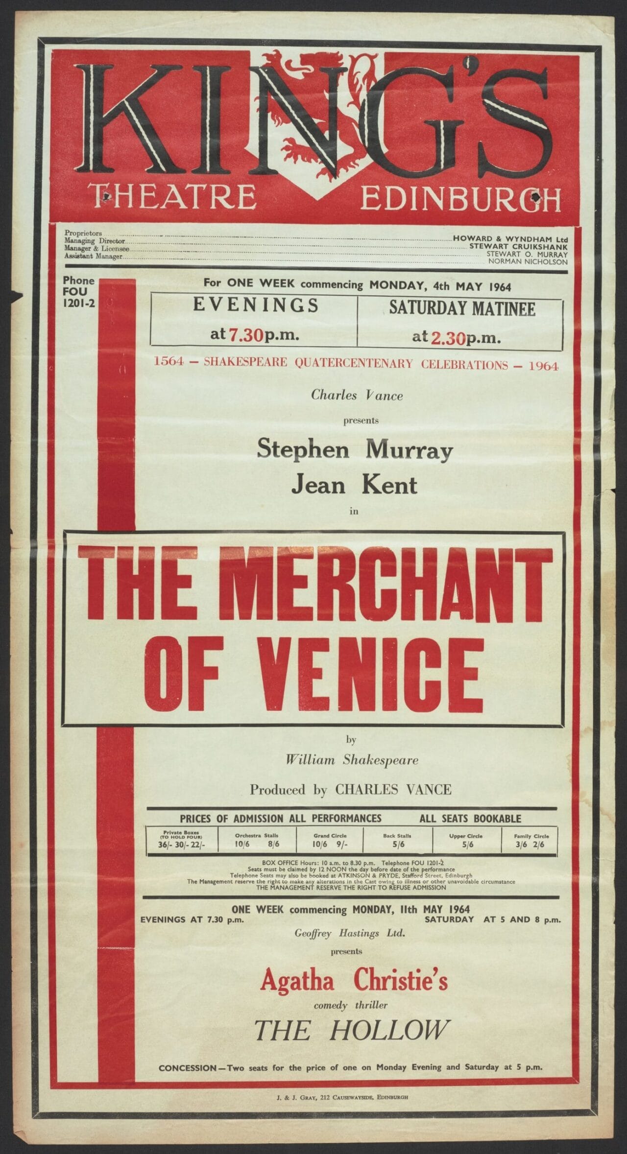 Red poster printed on cream paper for King's Theatre Edinburgh advertising "The Merchant of Venice" by Shakespeare, starring Stephen Murray and Jean Kent. Contains showtimes and ticket info.