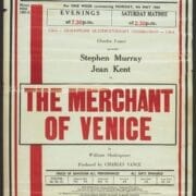 Red poster printed on cream paper for King's Theatre Edinburgh advertising "The Merchant of Venice" by Shakespeare, starring Stephen Murray and Jean Kent. Contains showtimes and ticket info.