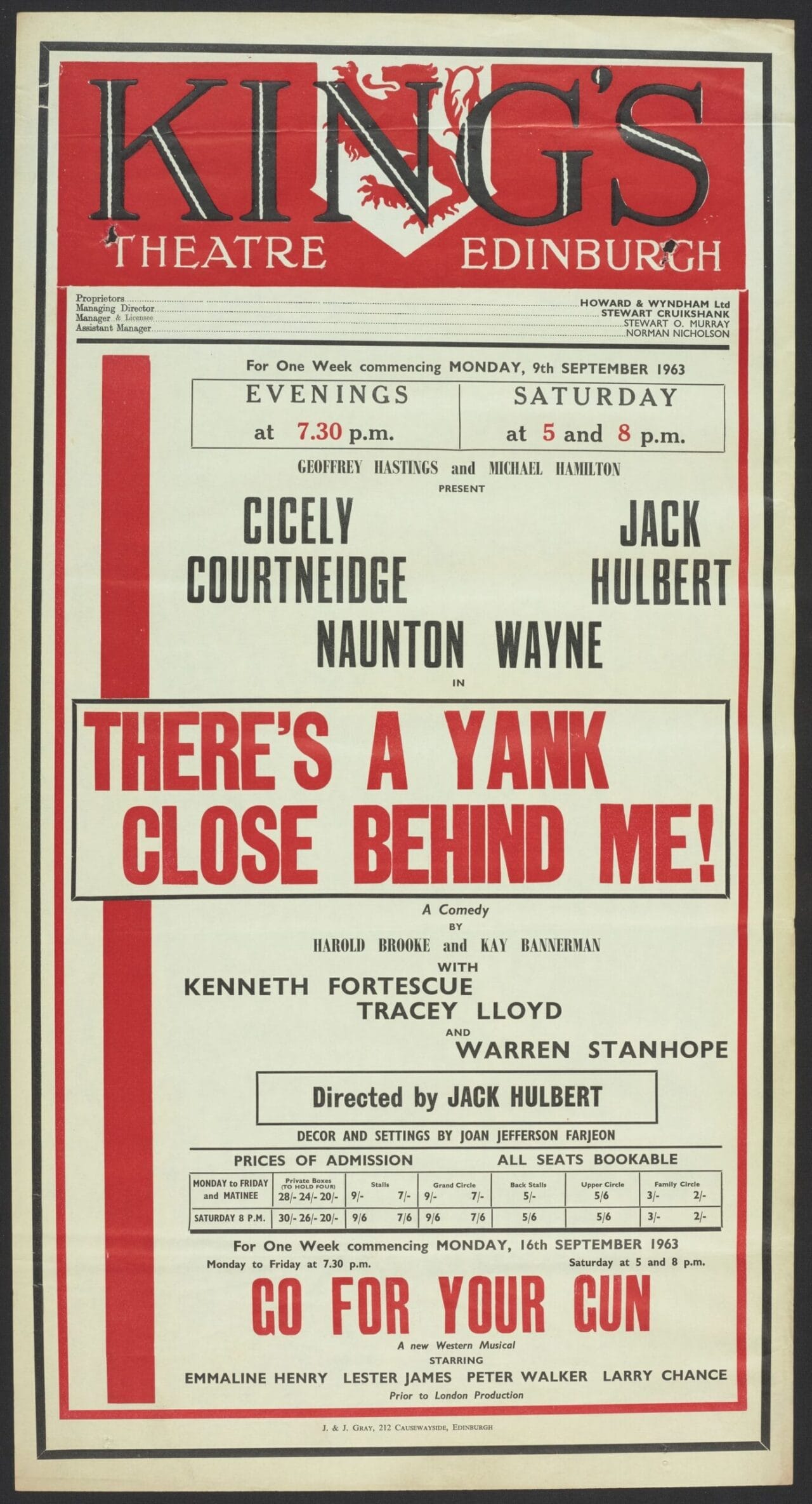 Red poster printed on cream paper with black details advertises the 1963 play “There’s a Yank Close Behind Me!” at King's Theatre, Edinburgh, with showtimes and cast details.