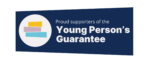 A blue banner with white text reads, "Proud supporters of the Young Person's Guarantee," highlighting jobs and vacancies, alongside a logo with three colored bars in a white circle.