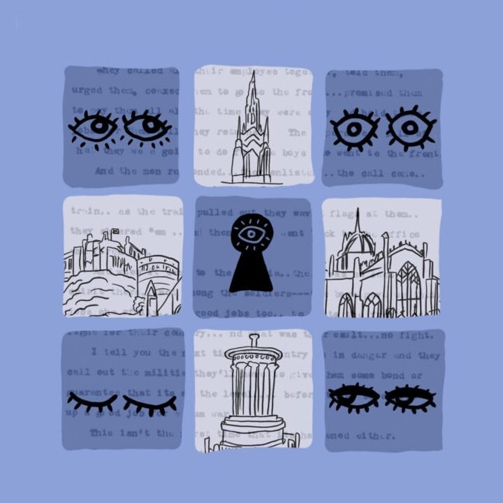 A grid of nine squares shows hand-drawn eyes, buildings, and a keyhole with an eye, set against faded text on a light purple backdrop—capturing the mysterious spirit of Gateway Festival Monday.