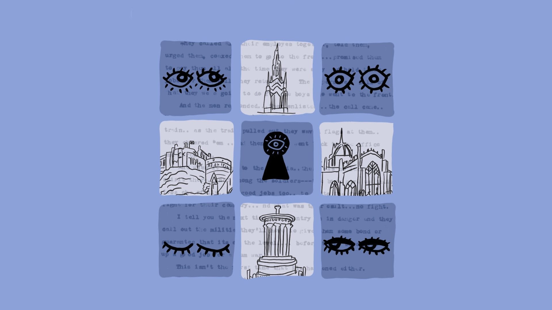 A grid of nine squares shows hand-drawn eyes, buildings, and a keyhole with an eye, set against faded text on a light purple backdrop—capturing the mysterious spirit of Gateway Festival Monday.