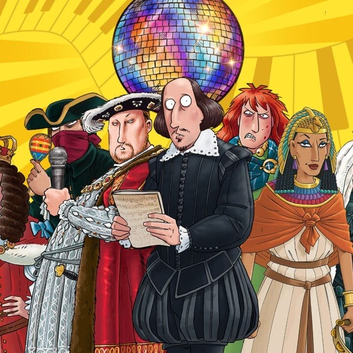 Cartoon-style illustration of historical figures, including Shakespeare, Cleopatra, and royalty, standing in a line under a disco ball with a yellow piano-themed background—perfect for a fun Horrible Histories concert vibe!.