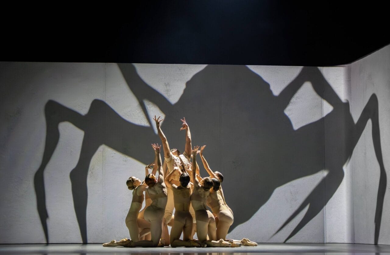 A group of dancers in beige costumes pose with raised arms, casting a large spider-like shadow on a white wall behind them—an image reminiscent of Mary, Queen of Scots' dramatic legacy.