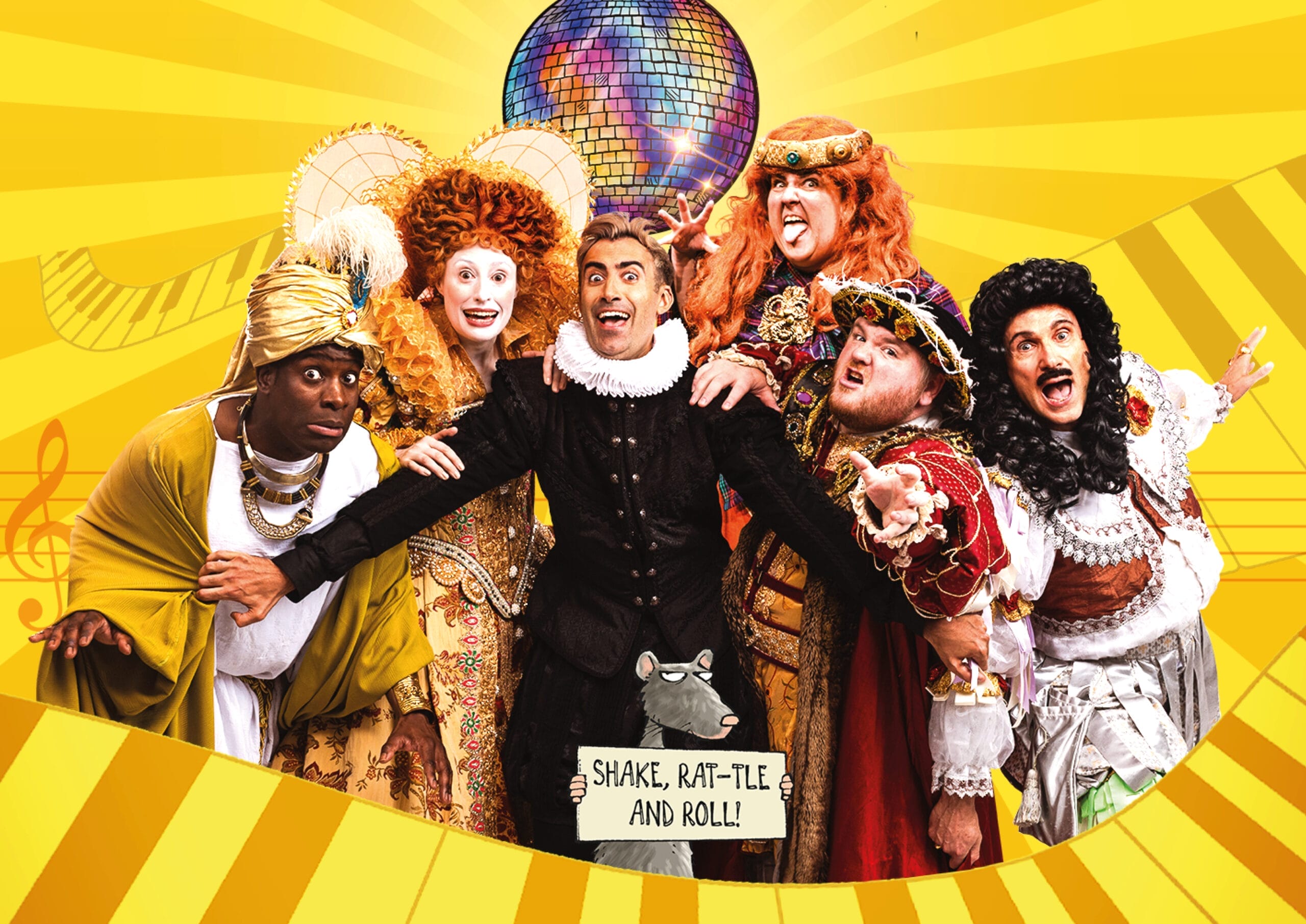 Seven people in colorful, elaborate historical costumes pose cheerfully in front of a disco ball on a yellow background with the text “Shake, Rat-tle and Roll!” below, celebrating the energy of a Horrible Histories live event.