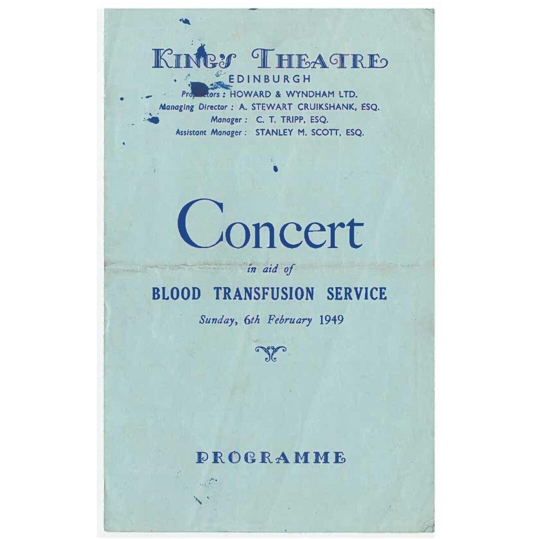 A blue concert programme for a Blood Transfusion Service event at King's Theatre, Edinburgh, dated Sunday, 6th February 1949, highlighting the vital role of wartime kings in supporting lifesaving efforts.