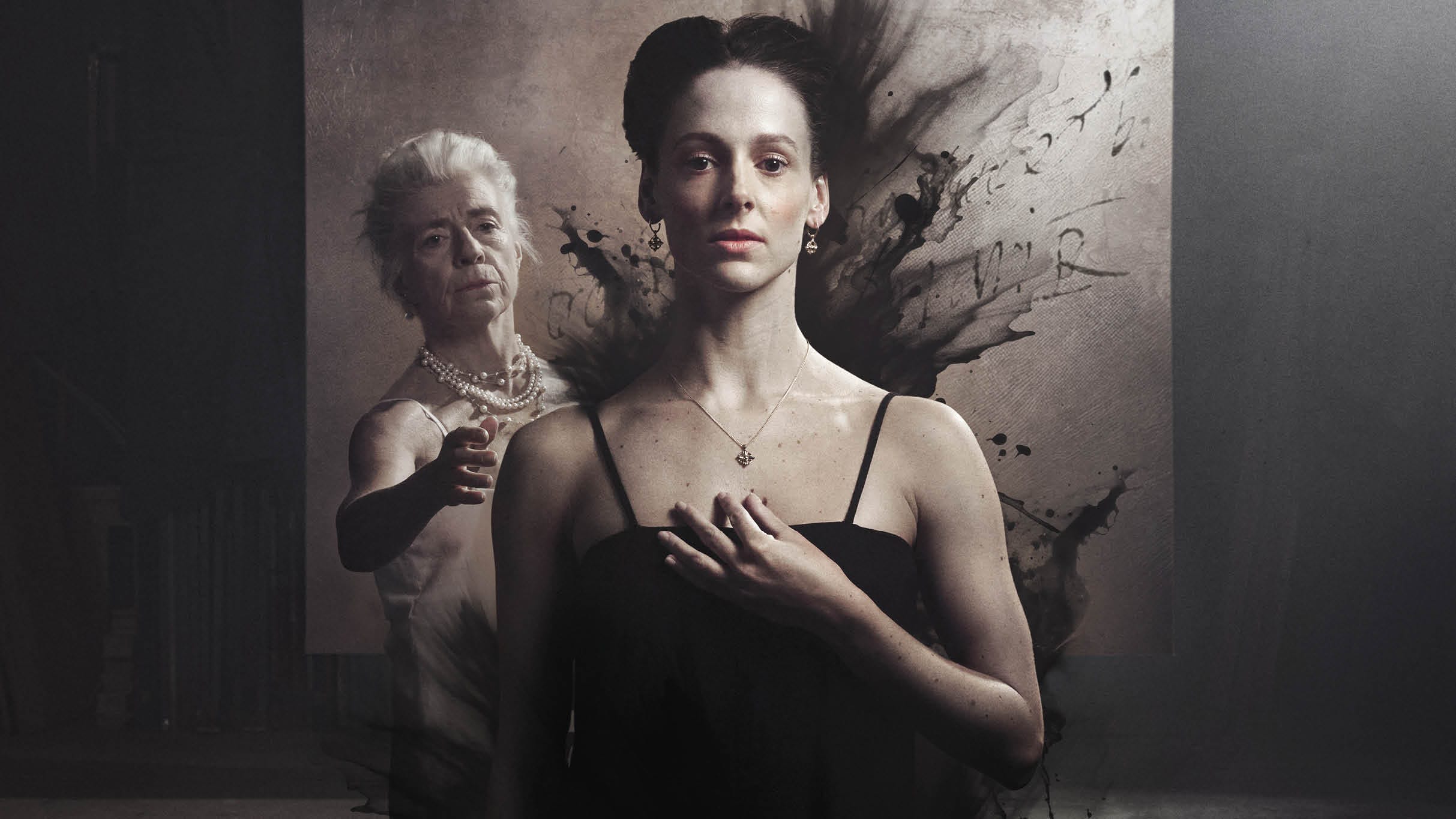 A young woman in a black dress, evoking Mary, Queen of Scots, stands before an older woman reaching toward her, with dark artistic splashes behind them.