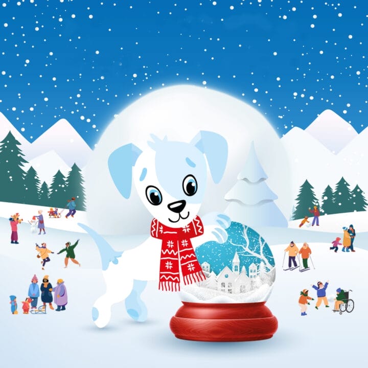 Cartoon puppy in a red scarf holding a snow globe in a snowy landscape with people ice skating and trees in the background.