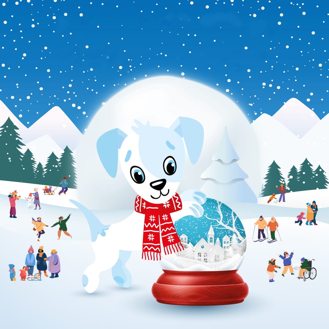 Cartoon puppy in a red scarf holding a snow globe in a snowy landscape with people ice skating and trees in the background.