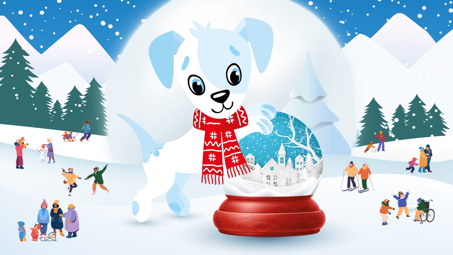 A cartoon puppy wearing a red scarf stands by a snow globe in a snowy landscape with mountains and people enjoying winter activities.