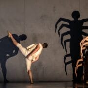 A dancer in white kicks with an extended leg while a group in black creates a shadow resembling a spider on a plain wall, evoking the intrigue and drama of Mary Queen of Scots and the Scottish monarchy.