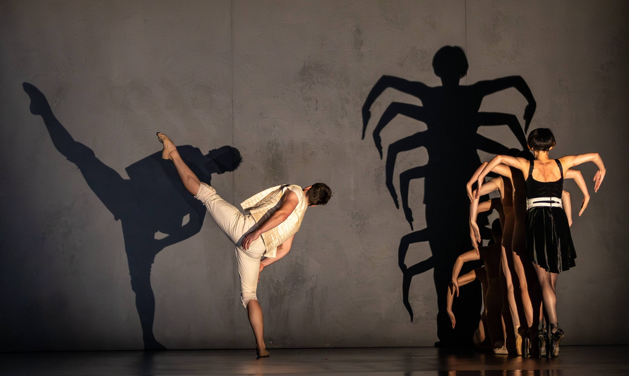 A dancer in white kicks with an extended leg while a group in black creates a shadow resembling a spider on a plain wall, evoking the intrigue and drama of Mary Queen of Scots and the Scottish monarchy.