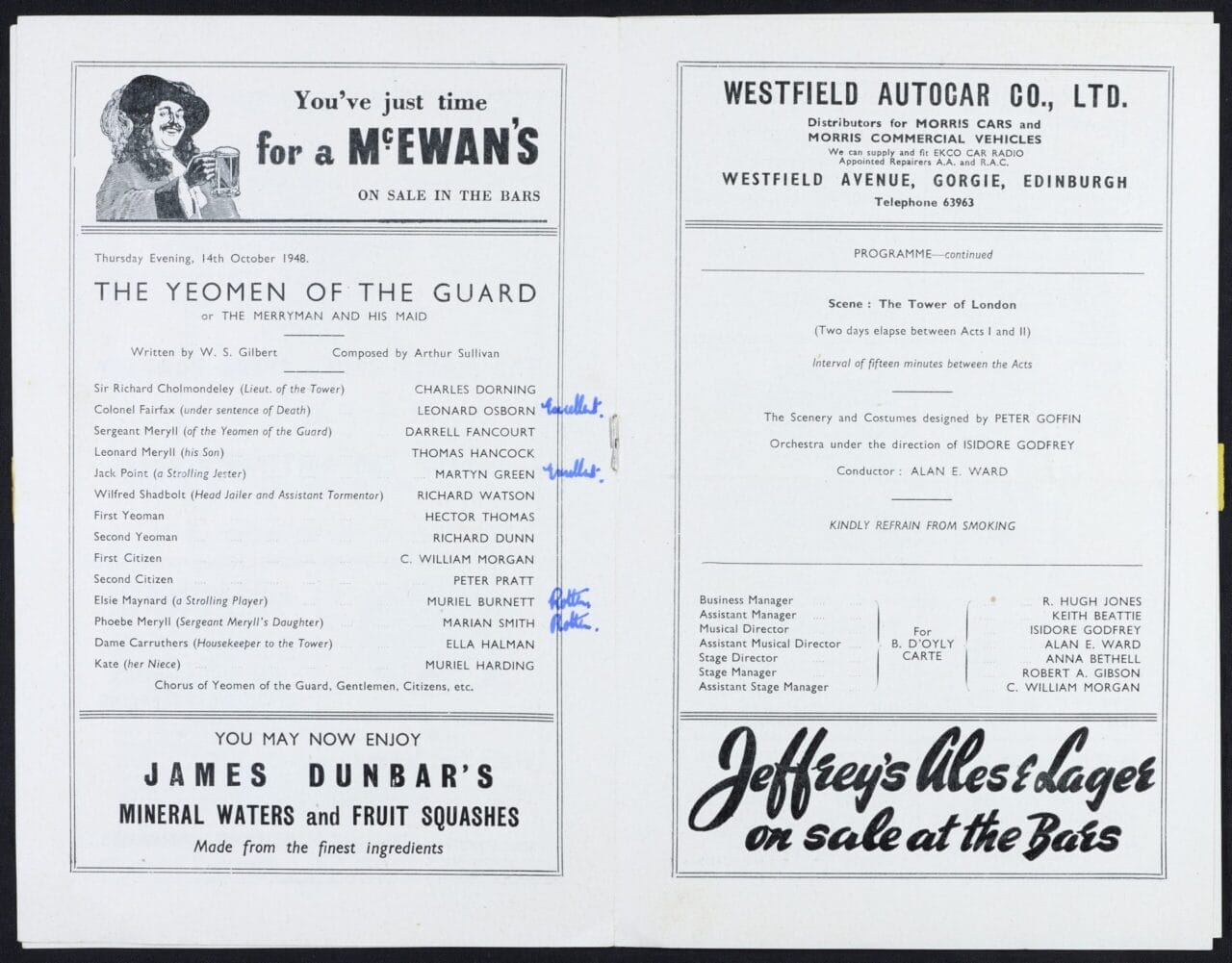 A printed theatre programme, lists the cast of "The Yeomen of the Guard" and features advertisements for beverages and car sales. Handwritten notes next to some cast names serve as a guide for the reader.