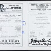 A printed theatre programme, lists the cast of "The Yeomen of the Guard" and features advertisements for beverages and car sales. Handwritten notes next to some cast names serve as a guide for the reader.