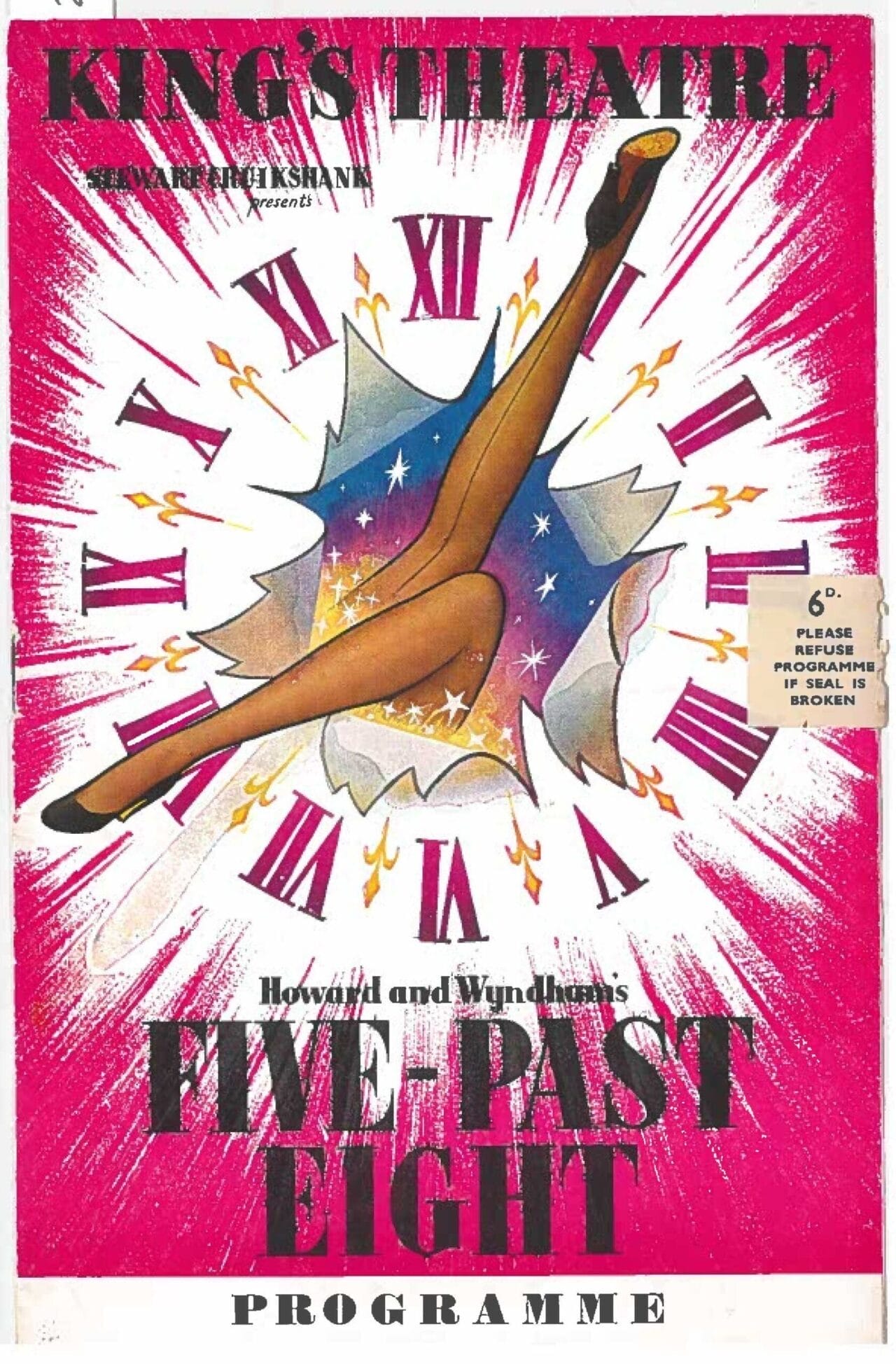 A theatre programme cover features a dancer’s legs forming the hands of a clock striking 8:05, surrounded by Roman numerals and bright pink rays, titled "Five Past Eight,".